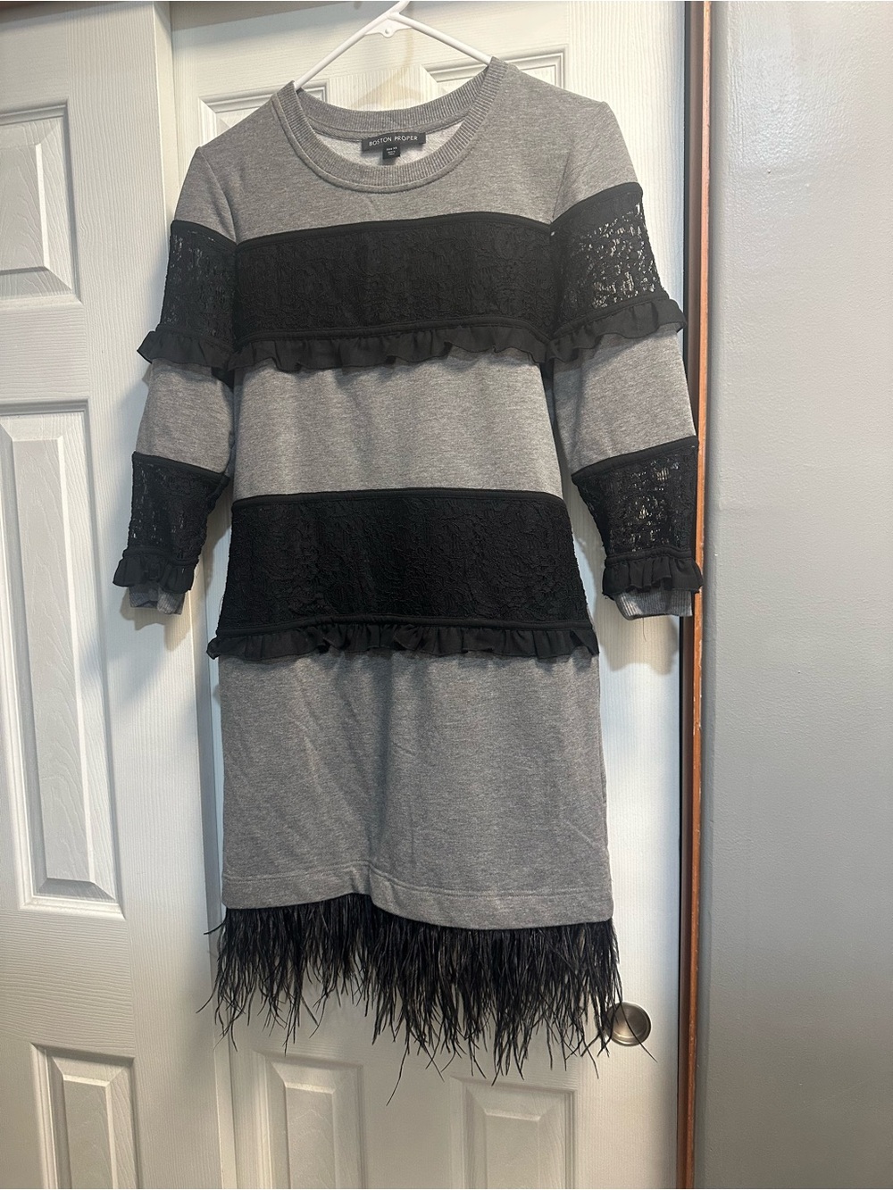 Boston Proper Gray Dress with Black Lace & Feather Hem